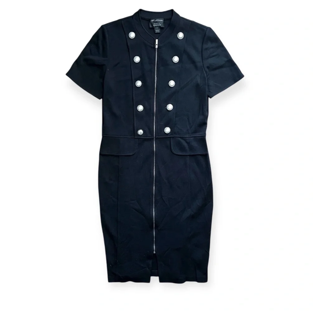 St. John Milano Military Black Button Midi Dress Short Sleeve, Size 6 - Picture 5 of 11